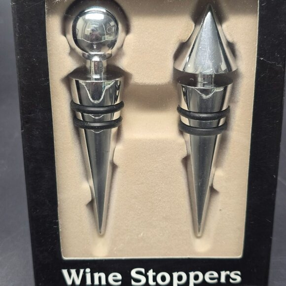 Silver Wine Stoppers Set Of 2 Vine & Co. Unique Designs Barware NIB JJ3971 - Picture 3 of 5